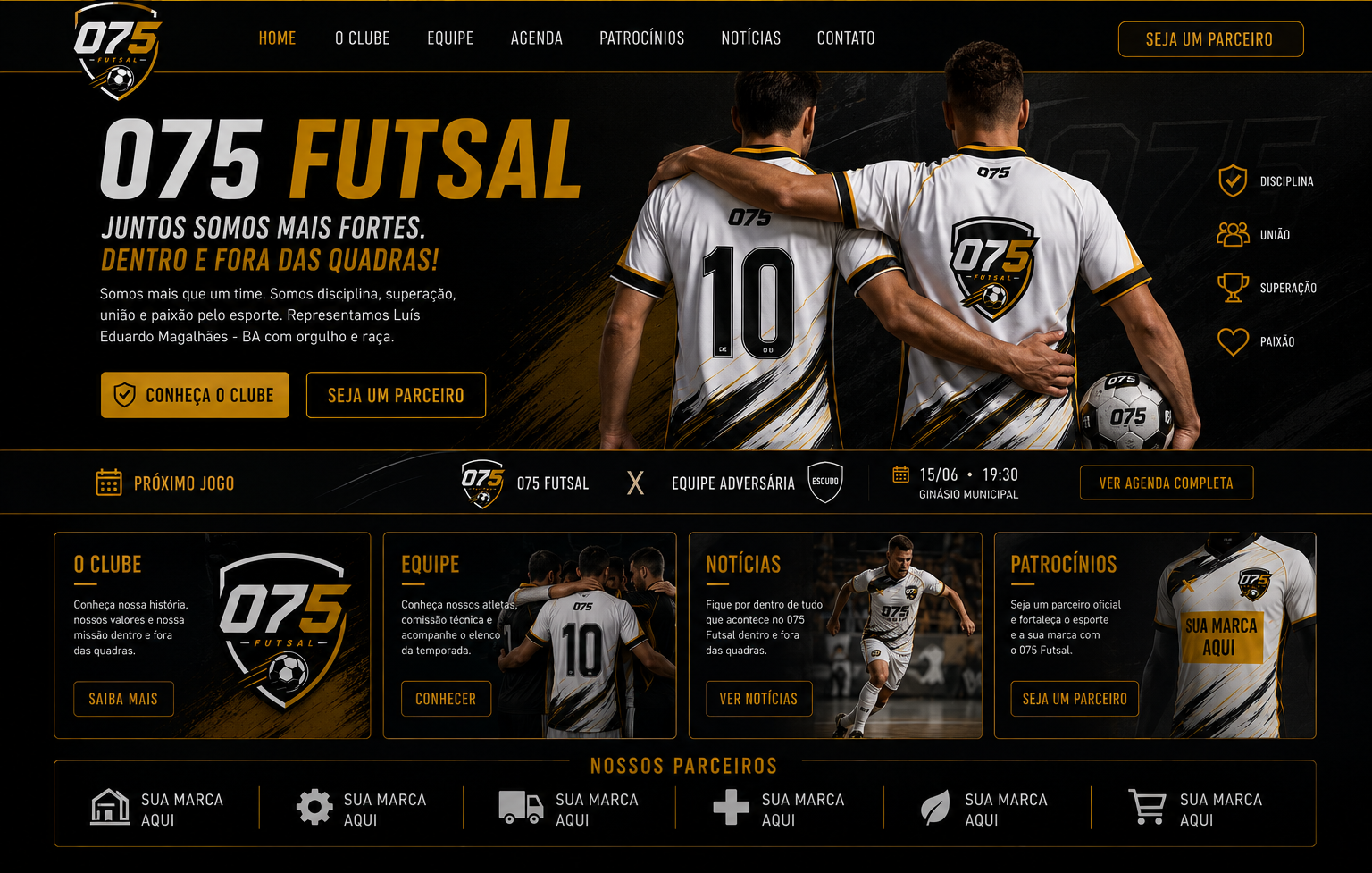 Página inicial do 075 Futsal com jogadores, menu, próximo jogo, cards e parceiros.